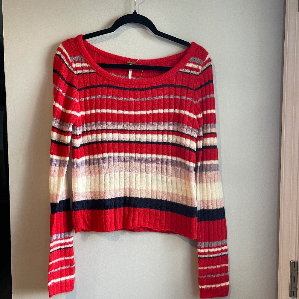 Free People Lumen Stripe Pullover, Red Heart Eyes Combo, Large - NWT